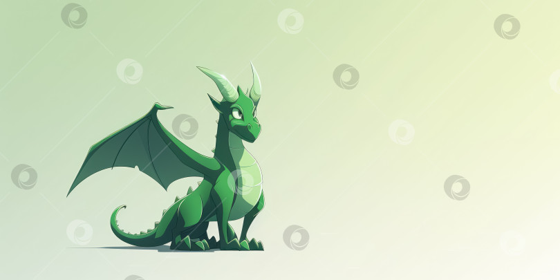 Скачать Милый, веселый мультяшный зеленый дракон с крыльями, символизирующий новый 2024 год, на фоне с пробелом для копирования. Талисман года по восточному лунному календарю. Порождающий искусственный интеллект фотосток Ozero