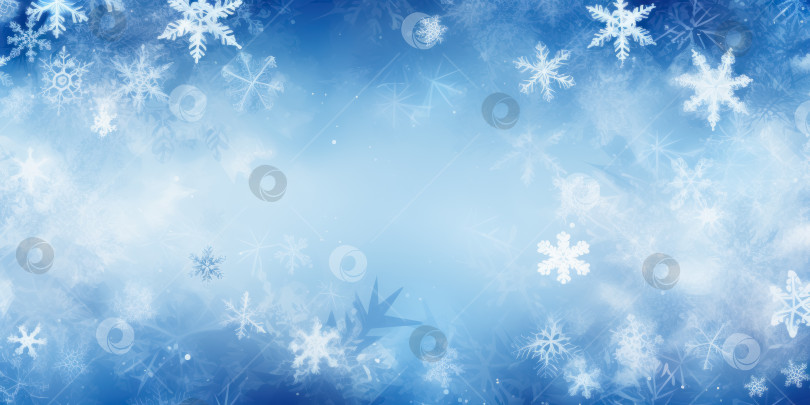 Скачать Снежный зимний рождественский синий фон с белыми падающими снежинками и пространством для копирования. Порождающий искусственный интеллект фотосток Ozero