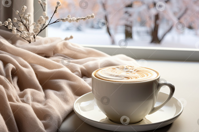 Скачать Зимний кофе латте в белой чашке на подоконнике. Генеративный искусственный интеллект. фотосток Ozero