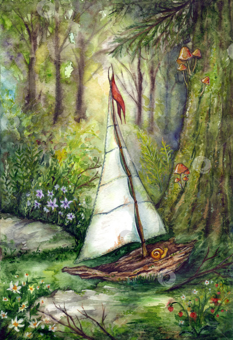 Скачать Маленькая полуразрушенная парусная лодка, потерпевшая кораблекрушение, заблудилась в лесу на поляне среди деревьев, растений и цветов. Рисованная акварельная иллюстрация от руки фотосток Ozero