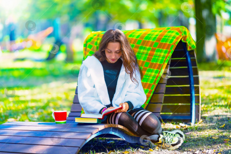 Скачать Молодая девушка-подросток, сидящая на скамейке в парке и читающая книгу, учится и готовится к экзаменам в университете или колледже, снятая с подсветкой и солнечными бликами. фотосток Ozero