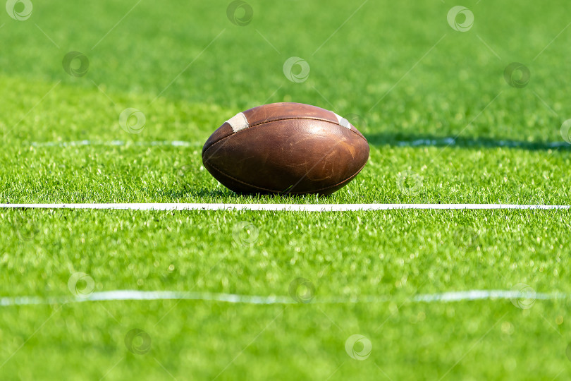 Скачать Мяч для американского футбола на фоне зеленого травянистого поля рядом с белой линией. Тренировка по регби в колледже. фотосток Ozero