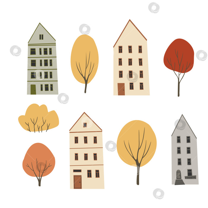 Скачать Клипарт создателя осеннего города, векторные иллюстрации осеннего парка, небольшие домики в скандинавском стиле и разноцветные деревья в плоском стиле. фотосток Ozero