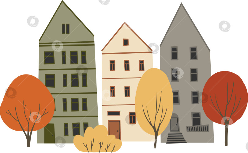 Скачать Иллюстрация осеннего города, векторный клипарт с милыми домиками в скандинавском стиле, уютная городская улица с крошечными зданиями и разноцветными деревьями png, клипарт со сценами городского пейзажа в плоском мультяшном стиле. фотосток Ozero