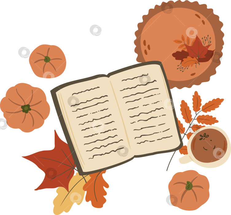 Скачать Осенние иллюстрации с книгой, уютным свитером, листьями, тыквенным пирогом и чашкой чая или кофе, милый осенний векторный клипарт в плоском мультяшном стиле. фотосток Ozero