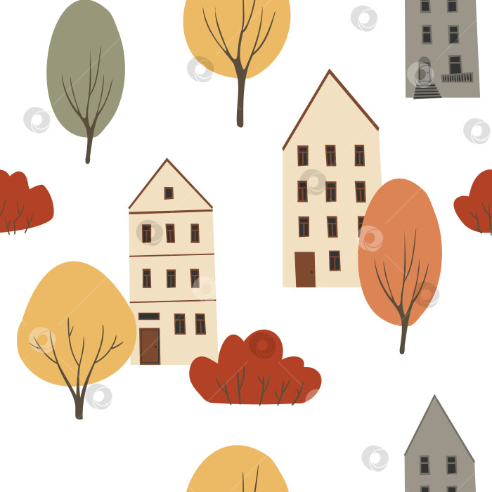 Скачать Осенний бесшовный узор, осенний бесконечный фон с милыми домиками и осенними деревьями, люди в цифровой бумаге осеннего города, уютный узор с осенними флюидами, векторная иллюстрация клипарта в плоском мультяшном стиле фотосток Ozero