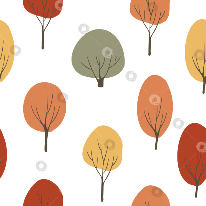 Скачать Осенний бесшовный узор с осенними деревьями, осенний бесконечный фон с разноцветными деревьями, уютная цифровая бумага, клипарт с векторной иллюстрацией в плоском мультяшном стиле. фотосток Ozero