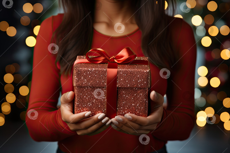 Скачать Женские руки в красном платье держат рождественский красный подарок. Генеративный искусственный интеллект. фотосток Ozero