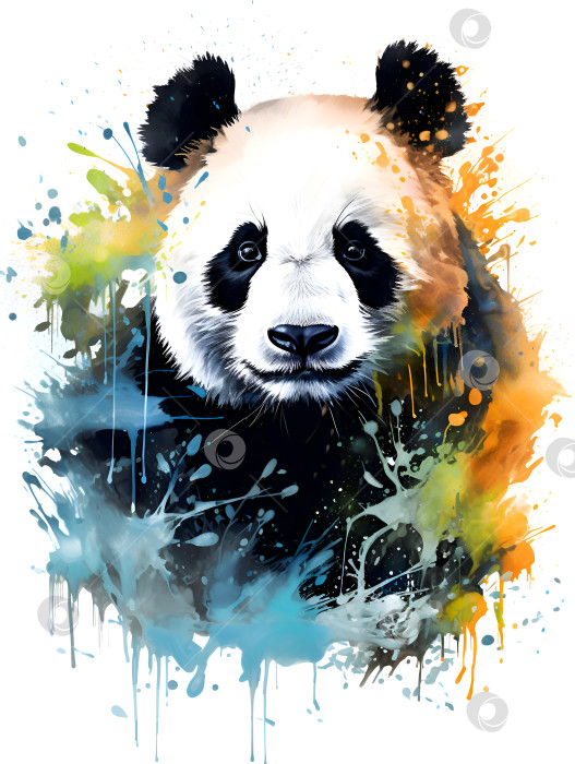 Скачать Иллюстрация с брызгами краски панды на белом фоне. Абстрактный портрет панды, минималистичный поп-арт. Акварельная иллюстрация панды с цветным всплеском фотосток Ozero