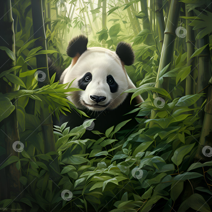 Скачать Симпатичный гигантский медведь панда в бамбуковом лесу. Панда в лесу, в своей естественной среде обитания. Панда среди бамбуковых деревьев фотосток Ozero