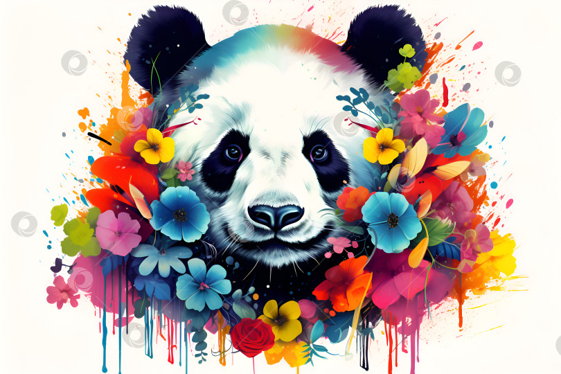 Скачать Иллюстрация с брызгами краски панды на белом фоне. Абстрактный разноцветный портрет панды с тропическими цветами, поп-арт. Акварельная иллюстрация панды с цветным всплеском фотосток Ozero