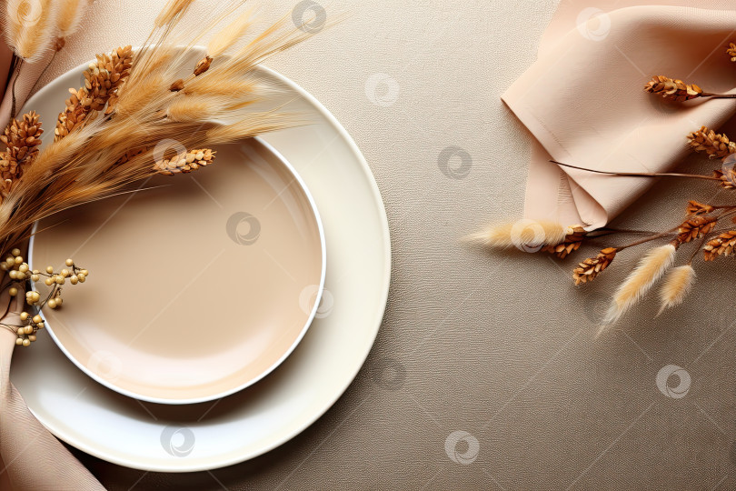 Скачать Сервировка стола в день благодарения украшена пшеницей на бежевом фоне. Генеративный искусственный интеллект. фотосток Ozero
