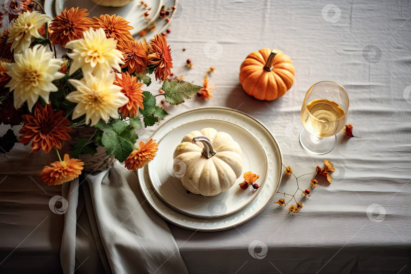 Скачать Сервировку стола на день благодарения украсили опавшими листьями, тыквами, белой тарелкой. фотосток Ozero