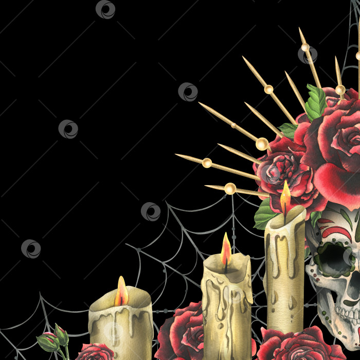 Скачать Человеческий череп с орнаментом, красные розы в золотой короне, свечи, паутина. Нарисованная от руки акварельная иллюстрация к Хэллоуину, дню мертвых, Диа-де-лос-муэртос. Шаблон, рамка на черном фоне фотосток Ozero