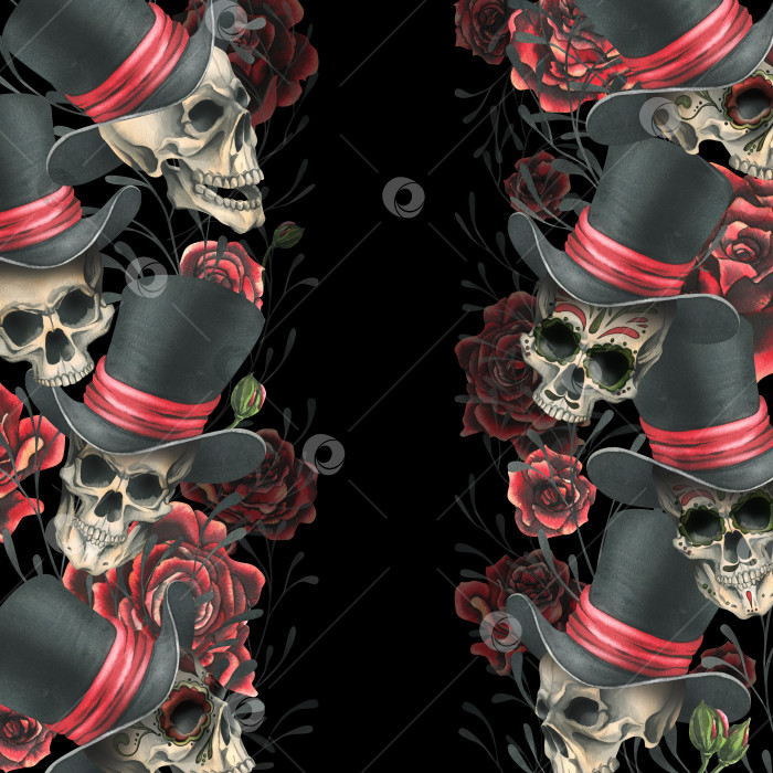 Скачать Человеческие черепа в цилиндре с красными розами и ветками. Нарисованная от руки акварельная иллюстрация к Хэллоуину, дню мертвых, Диа-де-лос-муэртос. Вертикальный шаблон, рамка, бордюр на черном фоне фотосток Ozero