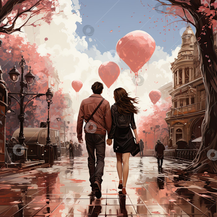 Скачать Счастливая пара на прогулке по городу украсила красные сердечки ко Дню Святого Валентина. порождающий искусственный интеллект фотосток Ozero