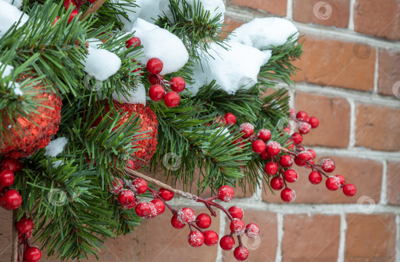 Скачать рождественская елка на фоне кирпичной стены. избирательный фокус. Праздничное убранство в городе. Вечнозеленая ель с орнаментом, покрытая снегом. фотосток Ozero