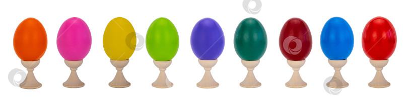 Скачать набор разноцветных пасхальных яиц на деревянной подставке, выделяющихся на белом фоне. коллекция атрибутов для празднования христианского праздника Пасхи. картина ручной работы. баннер фотосток Ozero