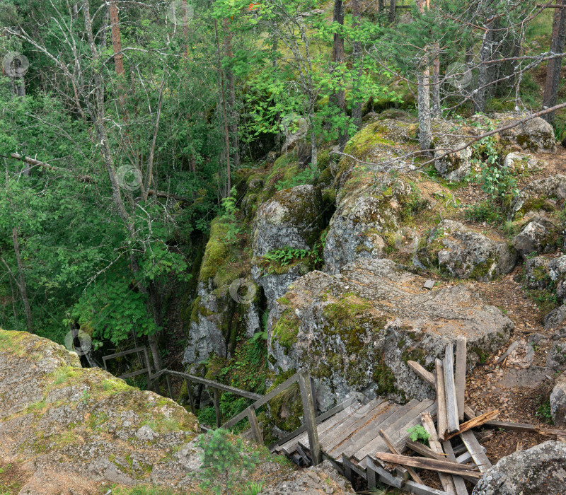Скачать разрушенная деревянная лестница на заброшенной тропинке в горном лесу фотосток Ozero