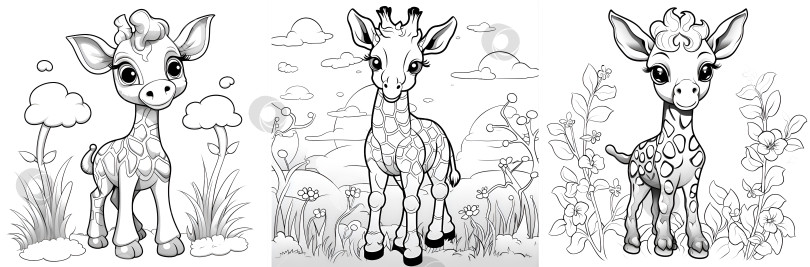 Скачать Набор черно-белых иллюстраций к жирафу для детской книжки-раскраски. Раскраска с изображением мультяшного жирафа. Упражнение с бесцветной картинкой милых животных. Раскраска-антистресс с забавным жирафом фотосток Ozero