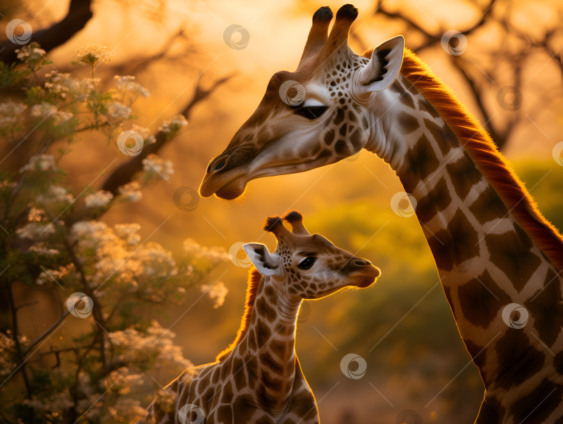 Скачать Запечатленная мать-жирафиха заботится о своем маленьком детеныше в золотой час. Трогательный момент материнской заботы о жирафе. Жираф в саванне в своей естественной среде обитания. Животные Южной Африки. Сафари с жирафом фотосток Ozero