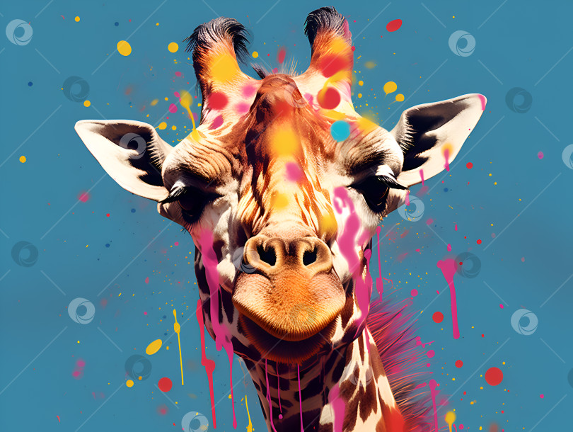Скачать Иллюстрация с брызгами краски жирафа на бирюзовом фоне, украшение интерьера. Иллюстрация жирафа с хаотичными мазками краски и брызгами, рисование животных. Красочная иллюстрация морды жирафа фотосток Ozero