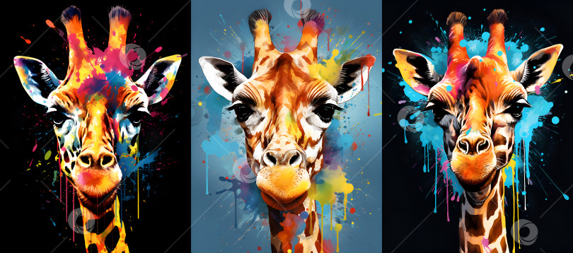Скачать Набор иллюстраций с жирафами для украшения интерьера. Коллекция иллюстраций к жирафам с хаотичными мазками краски и брызгами, рисование животных. Красочная иллюстрация морды жирафа, акварель фотосток Ozero