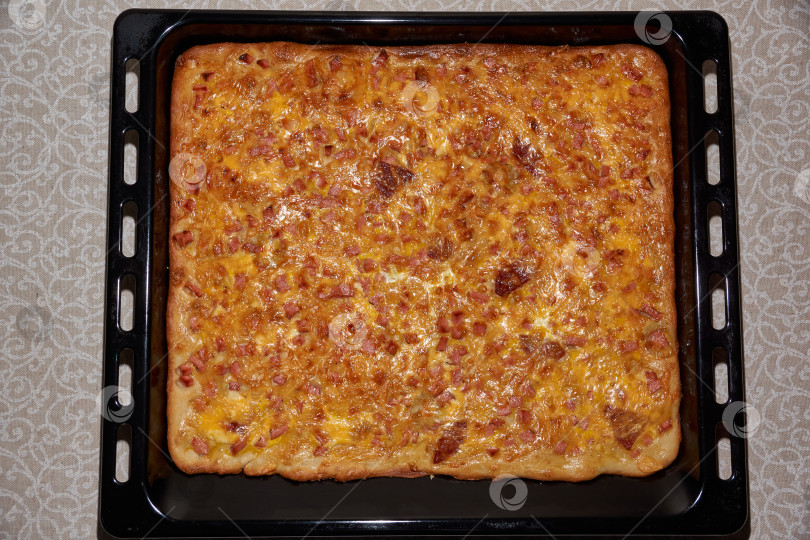 Скачать Домашняя выпечка. В выходные моя жена испекла пиццу с колбасой и сыром в духовке. фотосток Ozero