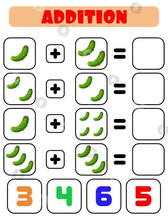 Скачать Добавление огурцов. Задание для детей. Листок по развитию образования. Раскрасьте страницу активности. Игра для детей. фотосток Ozero