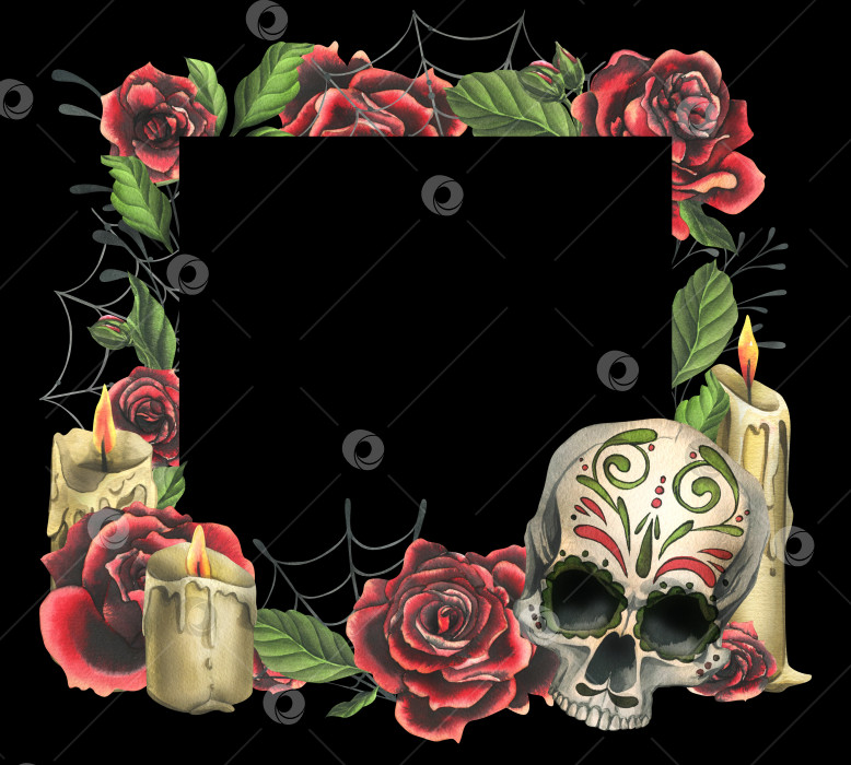 Скачать Украшенный человеческий череп красными розами, свечами и паутиной. Нарисованная от руки акварельная иллюстрация ко дню мертвых, Хэллоуину, Диа-де-лос-муэртос. Квадратная рамка, шаблон на черном фоне фотосток Ozero