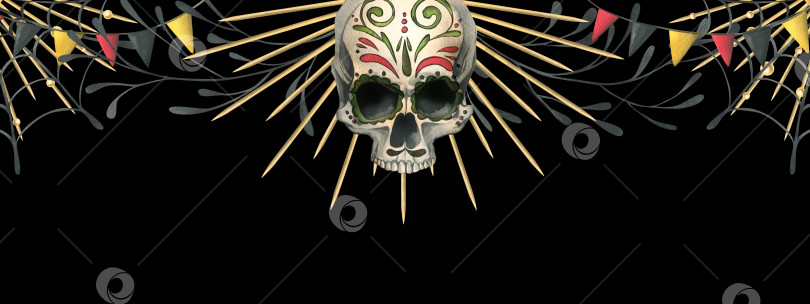 Скачать Человеческий череп в золотой короне с гирляндами флагов, паутиной. Нарисованная от руки акварельная иллюстрация к Хэллоуину, дню мертвых, Диа-де-лос-муэртос. Шаблон, рамка, доска на черном фоне фотосток Ozero