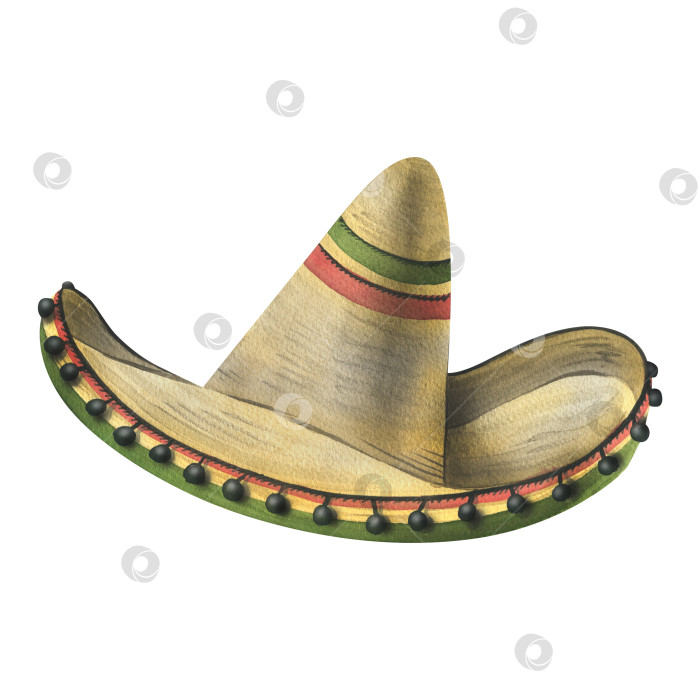 Скачать Традиционная мексиканская соломенная шляпа-сомбреро с красно-зеленым рисунком и черными помпонами. Акварельная иллюстрация, нарисованная от руки. Изолированный объект на белом фоне. фотосток Ozero