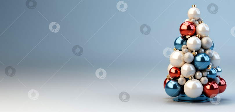 Скачать Красивая новогодняя рождественская елочка из игрушек шариков белого, синего и красного цвета на сером фоне и местом для текста поздравления фотосток Ozero