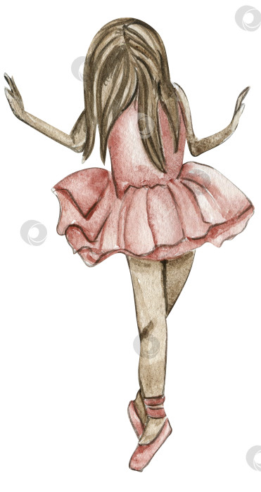 Скачать Акварельная девушка-балерина в розовом платье. Хорошенькая маленькая балерина. Акварельная иллюстрация, нарисованная от руки. Можно использовать для поздравительных открыток или плакатов. фотосток Ozero
