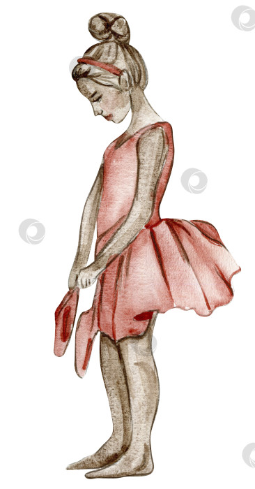 Скачать Акварельная девушка-балерина в розовом платье. Хорошенькая маленькая балерина. Акварельная иллюстрация, нарисованная от руки. Можно использовать для поздравительных открыток или плакатов. фотосток Ozero