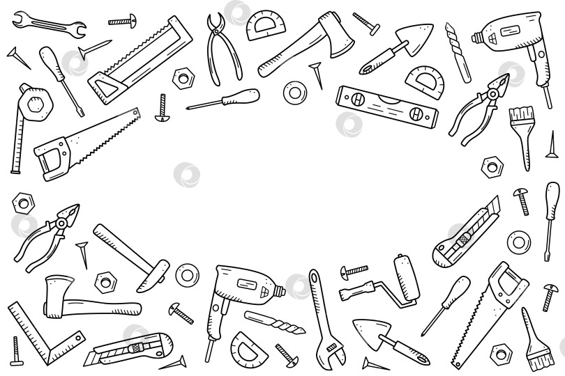 Скачать Строительные инструменты, векторный набор элементов для ремонта каракулей, мультяшные иконки. фотосток Ozero
