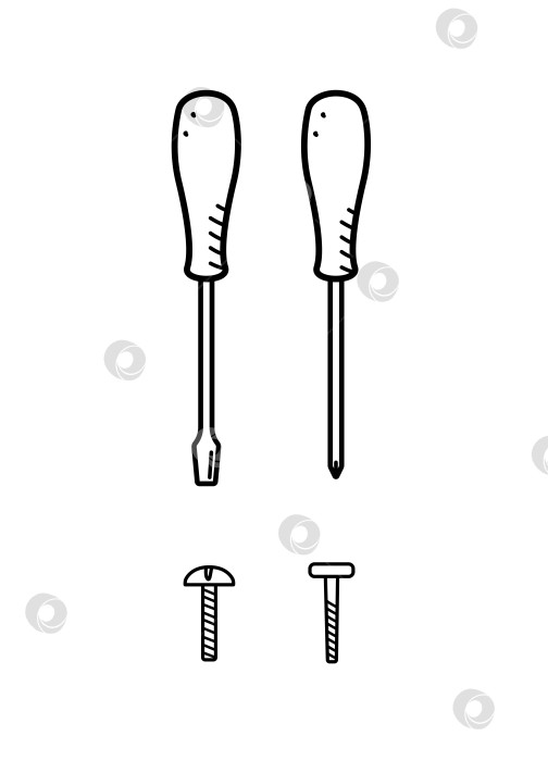 Скачать Отвертки и шурупы, набор инструментов для создания каракулей, векторная иллюстрация на белом фоне. фотосток Ozero