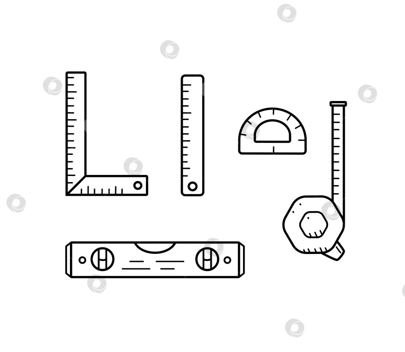 Скачать Строительный уровень, линейка, рулетка сантиметровая. Набор измерительных инструментов в виде каракулей, векторная иллюстрация. фотосток Ozero