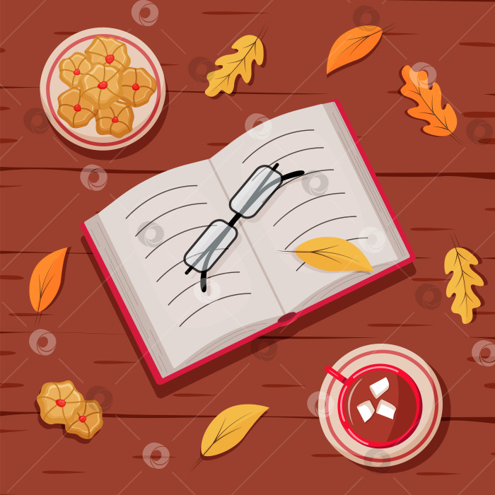 Скачать Осенний фон Флэтли, чашка горячего шоколада, печенье, бокалы и книга. Уютная осенняя концепция. Векторная иллюстрация фотосток Ozero