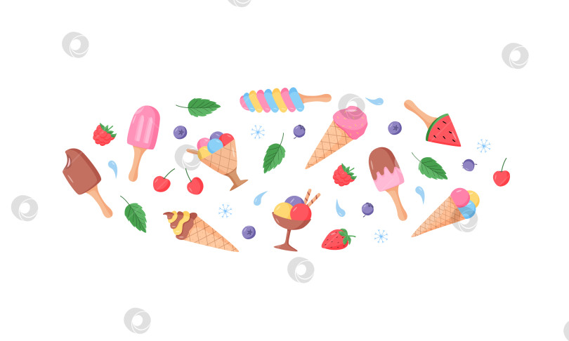 Скачать Набор ярких цветных значков с мороженым и ягодами. Векторная иллюстрация летних десертов: фруктовое мороженое, мороженое в вафельных рожках, клубника, вишня, малина, мята, черника. фотосток Ozero