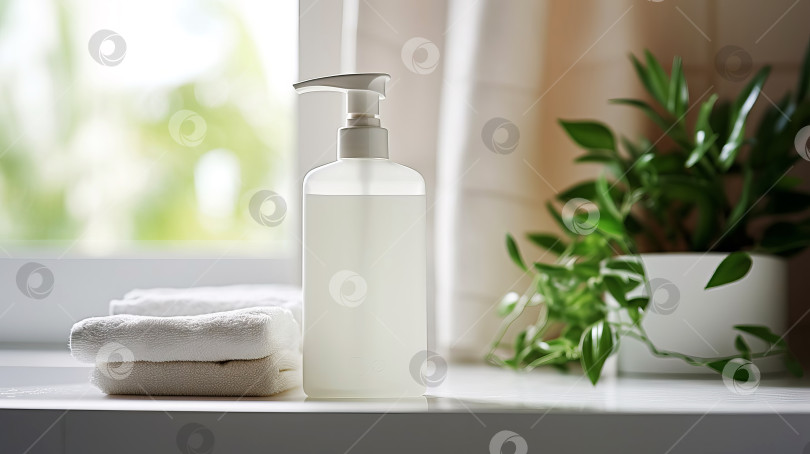 Скачать Белая бутылочка с помпой для жидкого мыла в интерьере домашней ванной комнаты. Созданный искусственный интеллект. фотосток Ozero