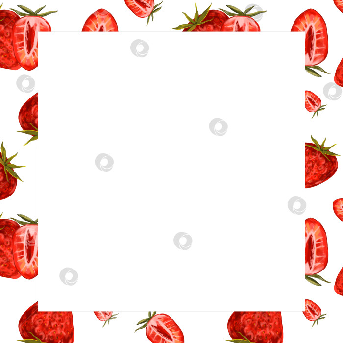 Скачать Акварельная ягодная квадратная рамка с клубникой, нарезанной клубникой, ягодами. Рамка с летними ягодами для продуктов, дизайн упаковки фотосток Ozero