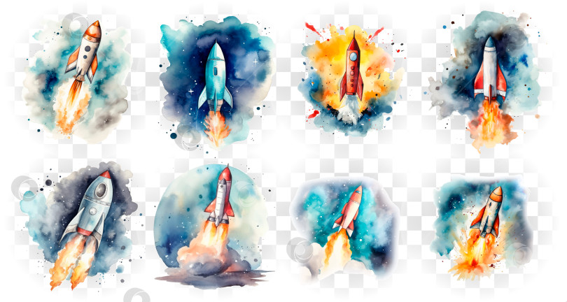 Скачать Ракета взлетает в акварельном стиле. Иллюстрация на прозрачном фоне. фотосток Ozero