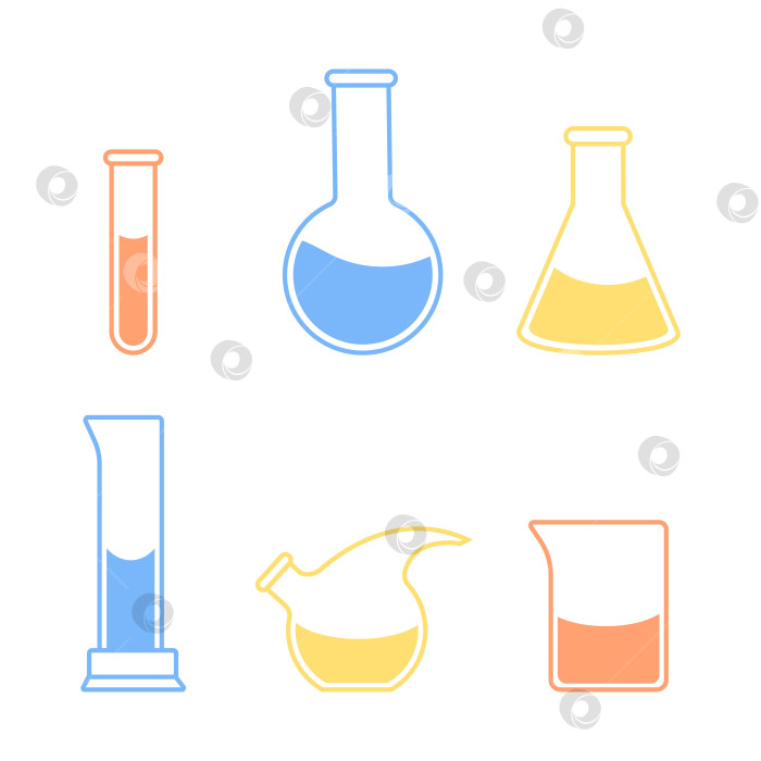 Скачать Колбы с круглым и плоскодонным дном, пробирки с растворами и реактивами. Химическая реакция. фотосток Ozero