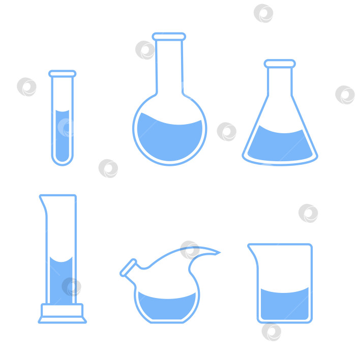 Скачать Колбы с круглым и плоскодонным дном, пробирки с растворами и реактивами. Химическая реакция. фотосток Ozero