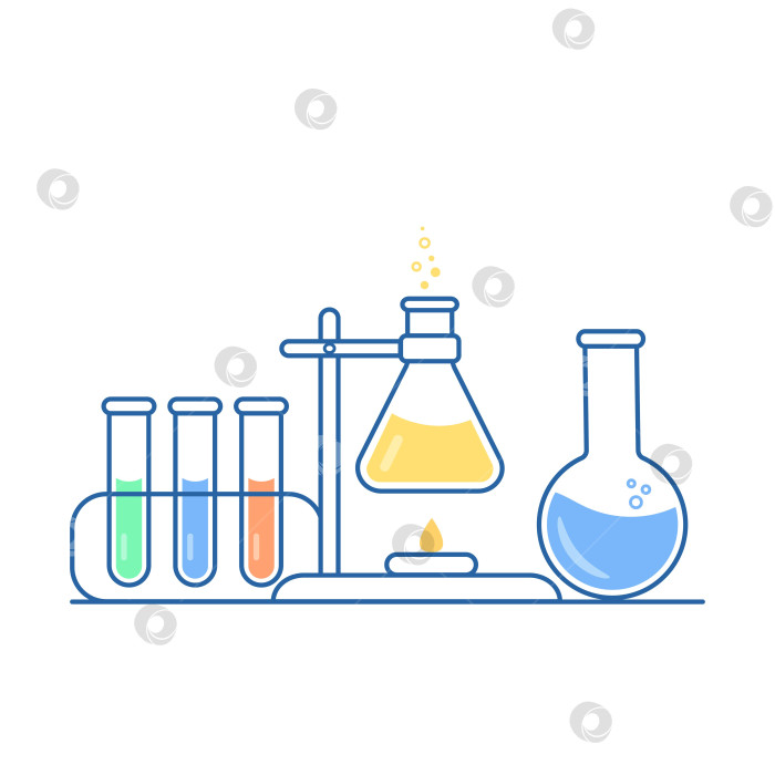Скачать Колбы с круглым и плоскодонным дном, пробирки с растворами и реактивами. Химическая реакция. фотосток Ozero