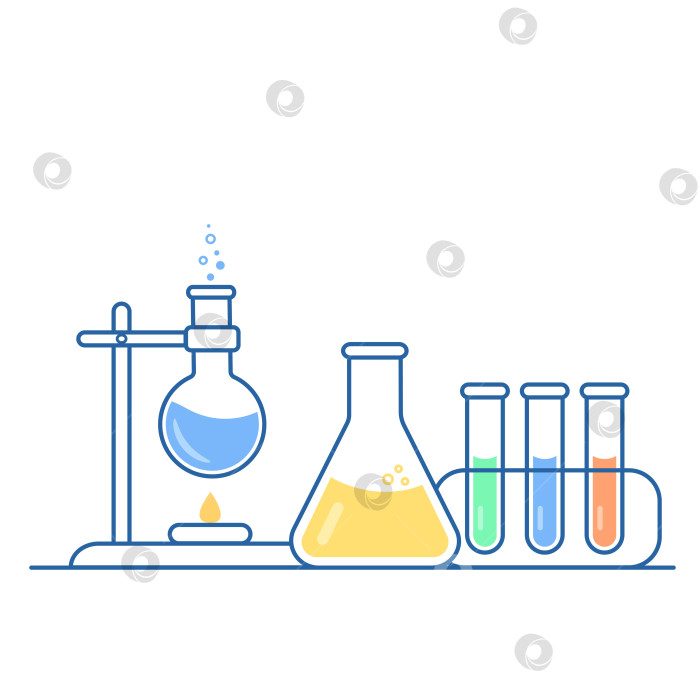Скачать Колбы с круглым и плоскодонным дном, пробирки с растворами и реактивами. Химическая реакция. фотосток Ozero