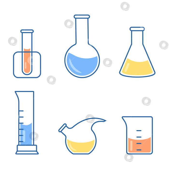 Скачать Колбы с круглым и плоскодонным дном, пробирки с растворами и реактивами. Химическая реакция. фотосток Ozero