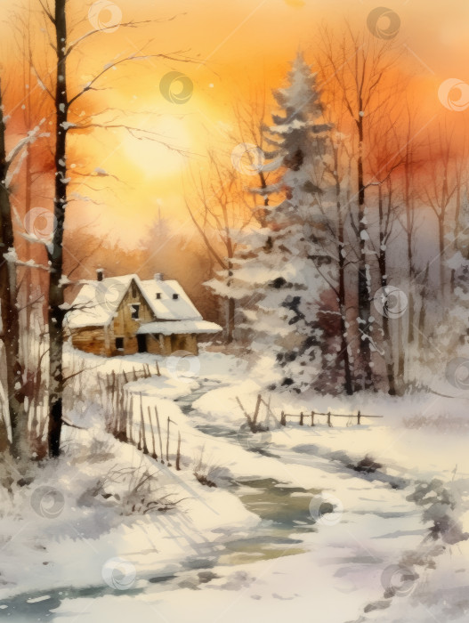 Скачать акварельная картина с изображением зимнего пейзажа в деревне, воздух морозный фотосток Ozero