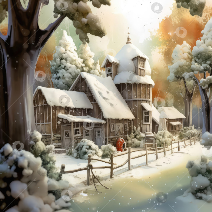 Скачать акварельная картина с изображением зимнего пейзажа в деревне, воздух морозный фотосток Ozero
